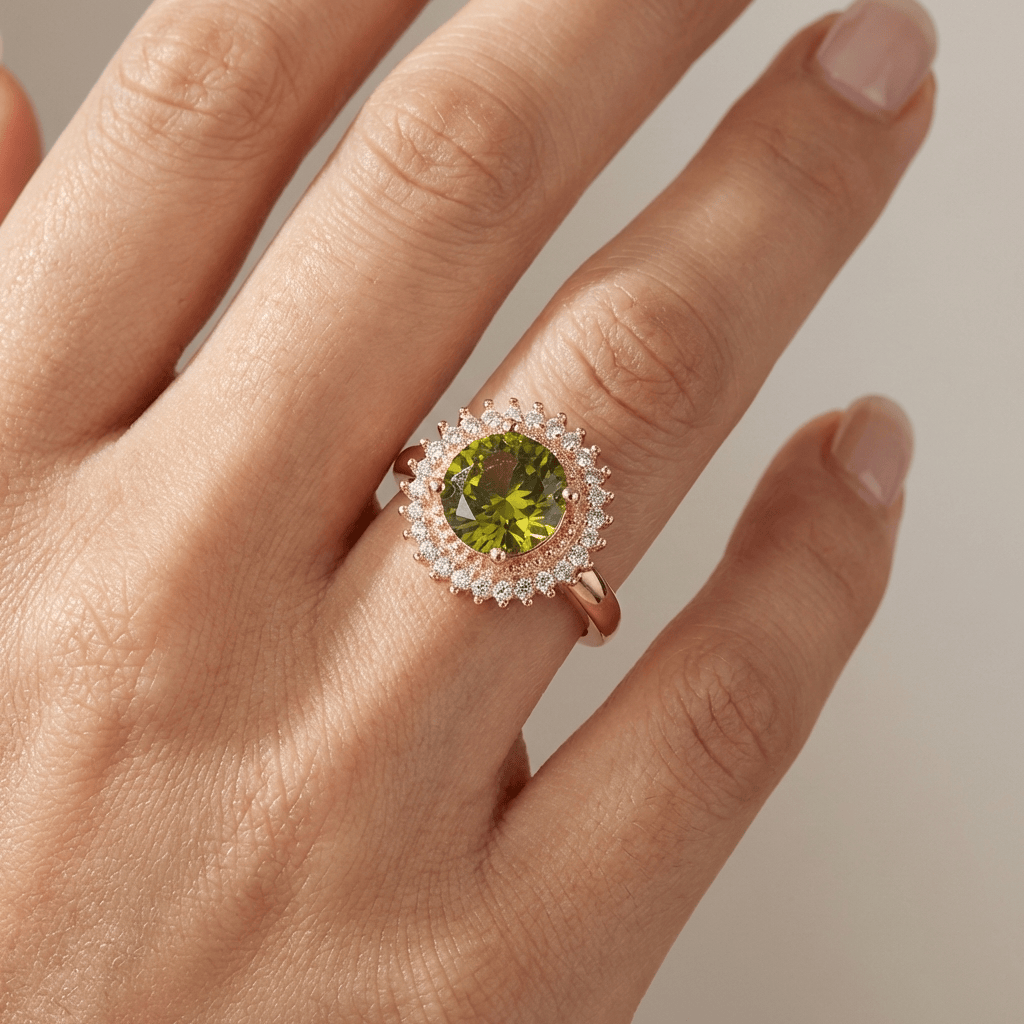 Pierścionek z perydotą i diamentowym halo w odcieniu Radiant Gold
