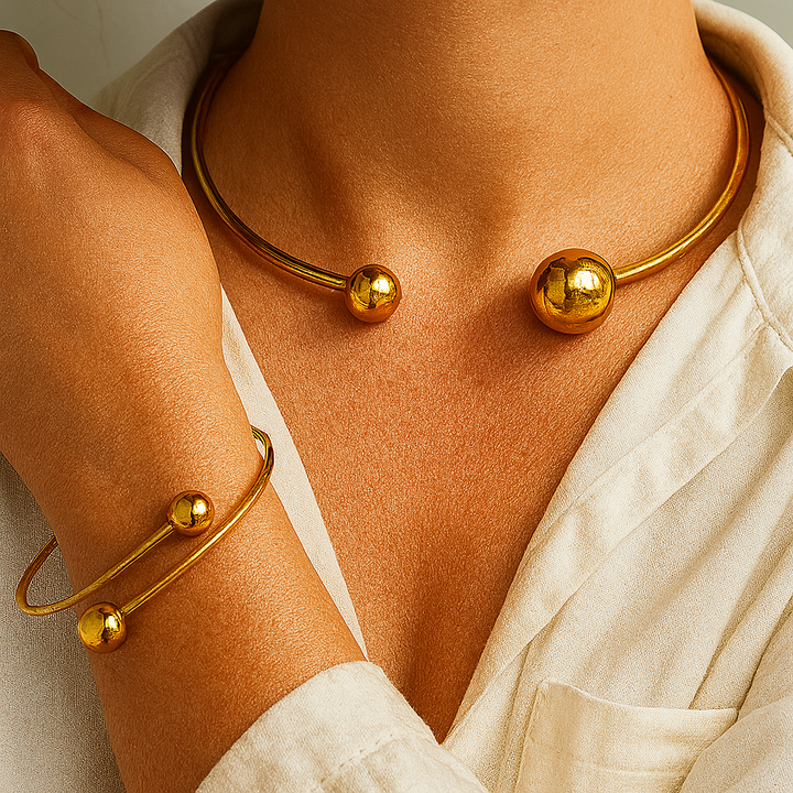 Minimalistyczny zestaw Glow: naszyjnik typu collar i bransoletka cuff | Złoto