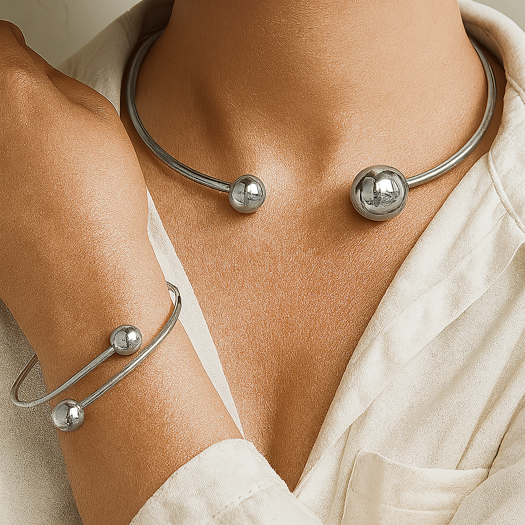 Minimalistyczny zestaw Glow: naszyjnik typu collar i bransoletka cuff | Złoto