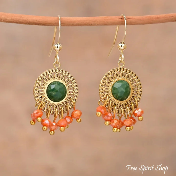 Boho kolczyki z naturalnym afrykańskim zielonym jadeitem