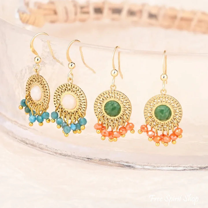 Boho kolczyki z naturalnym afrykańskim zielonym jadeitem