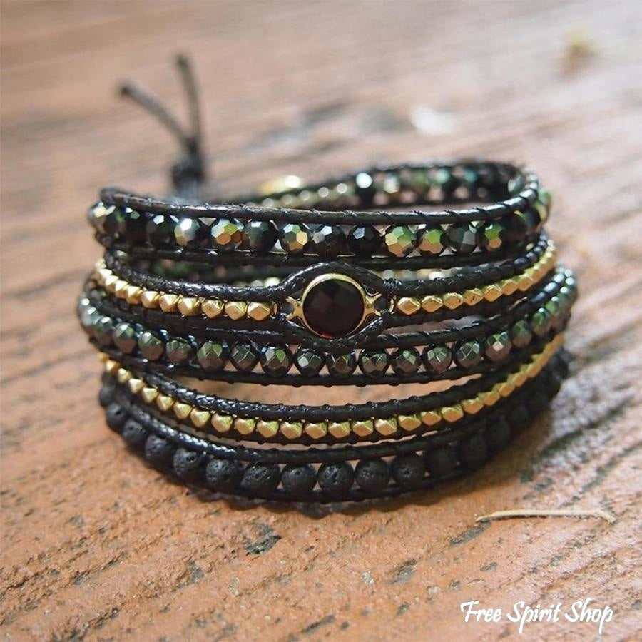 Ręcznie wykonana bransoletka owijana z naturalnego kamienia lawowego i hematytu