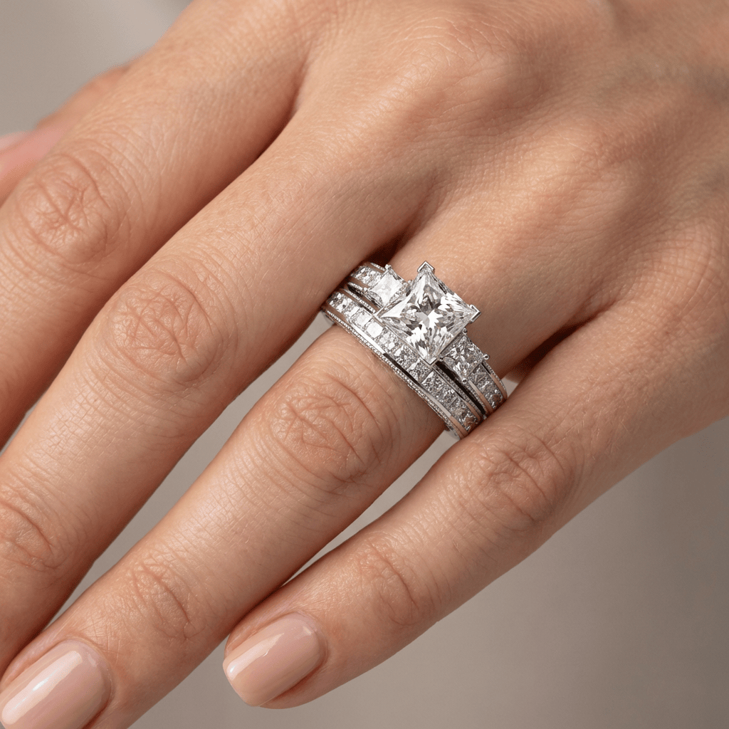 Srebrny kwadratowy pierścionek pavé z diamentami – elegancki, błyszczący blask