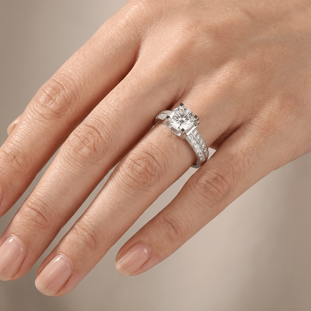Elegancki regulowany srebrny pierścionek z okrągłym diamentem solitaire oprawionym w pavé