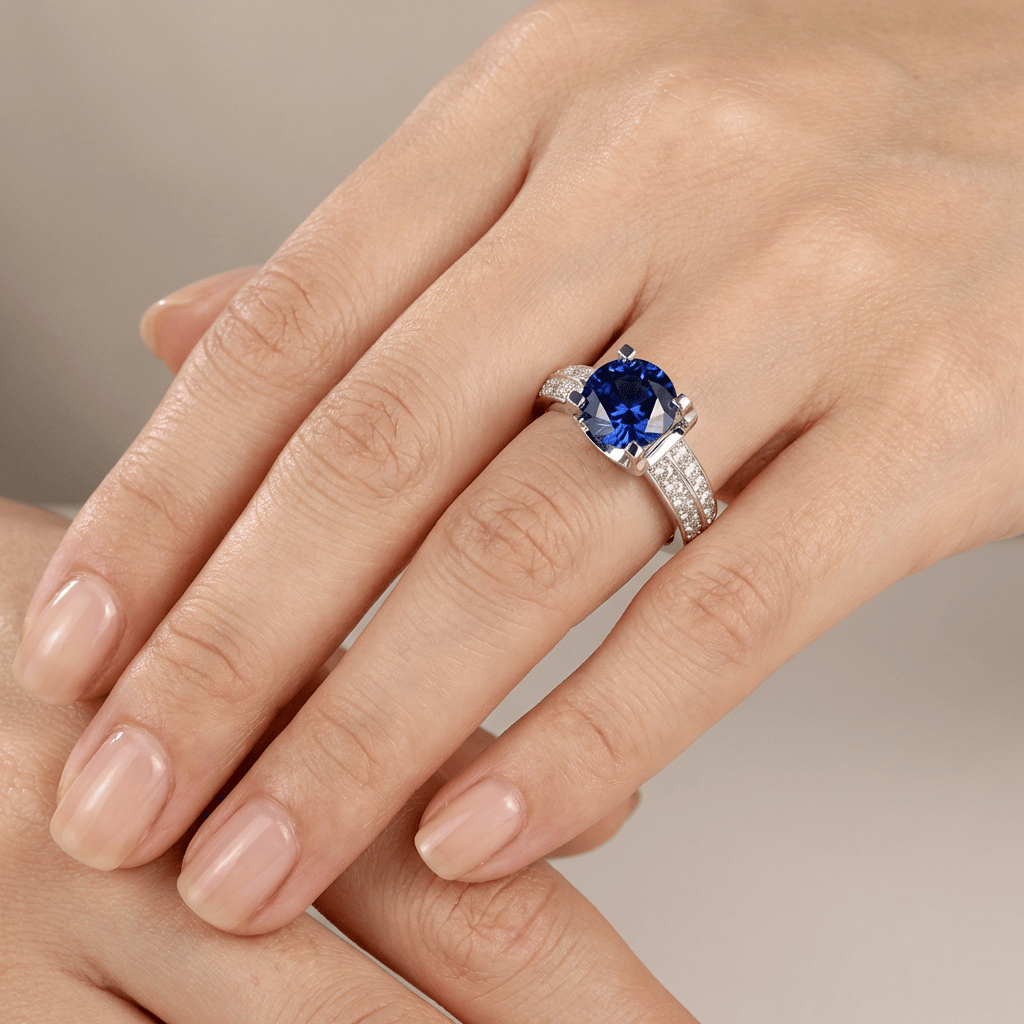 Elegancki regulowany srebrny pierścionek z okrągłym diamentem solitaire oprawionym w pavé