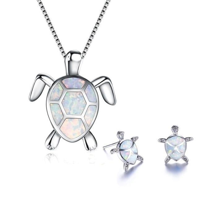 Zestaw z naszyjnikiem i kolczykami z motywem żółwia morskiego, opalem i srebrem